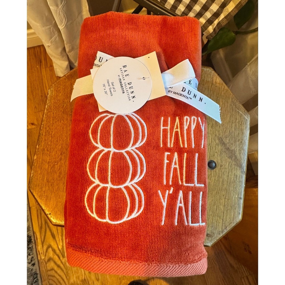 Rae Dunn HAPPY FALL Y'ALL towel set of 2 orange NWT pumpkin